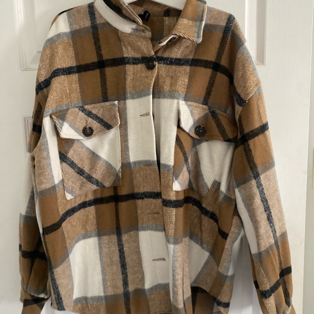 Brown and Cream Plaid Button-Up Windsor Shacket